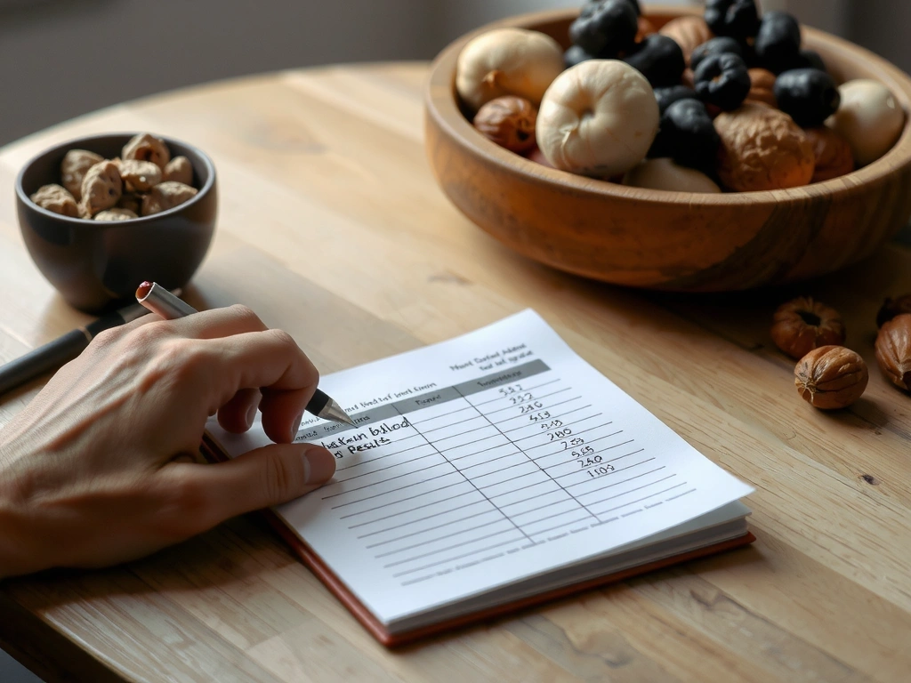 Handgeschriebene Notiz zu Ernährung und Blutwerten