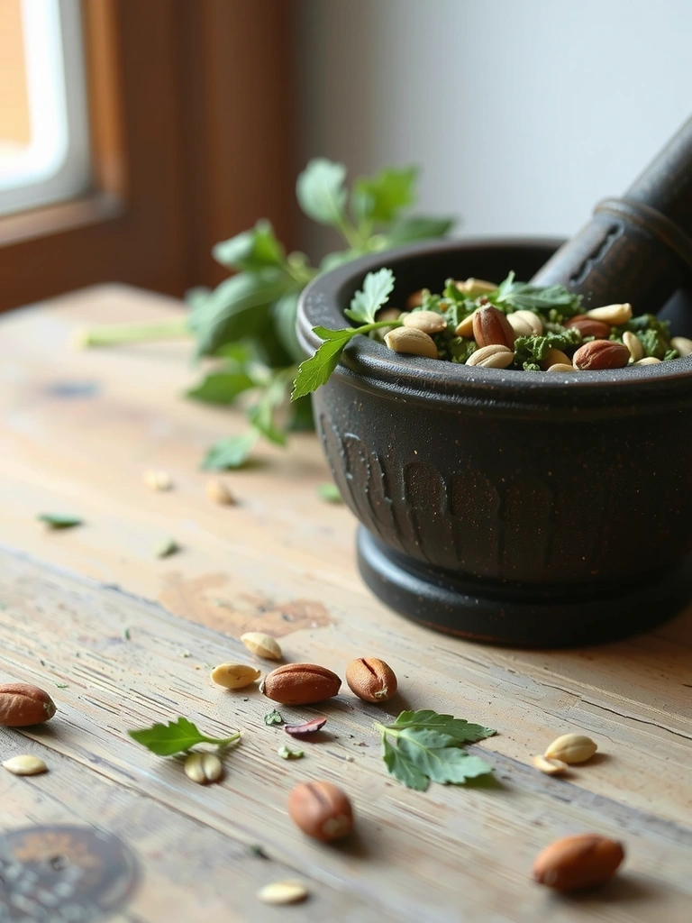 Mörser und Stößel mit Kräutern