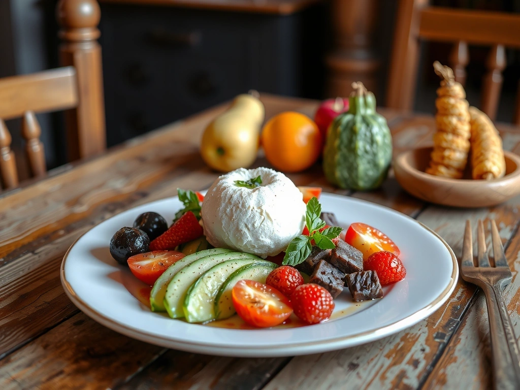 Ausgewogene Mahlzeit auf Holztisch